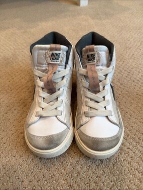 Nike Kids Mid-Top Sneakers in White, Gray, and geeen